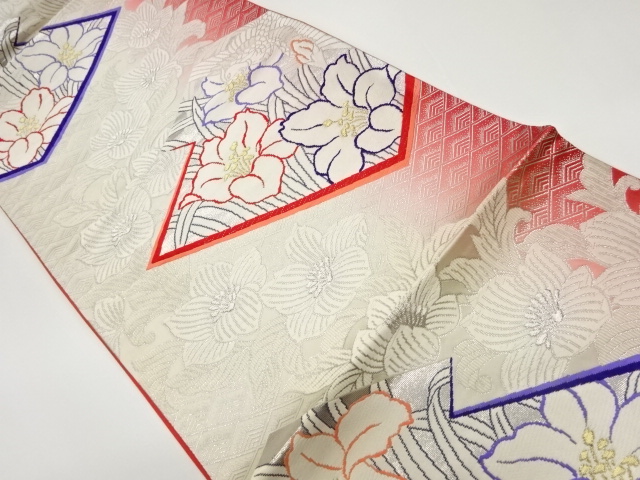 松皮菱に鳳凰・花々模様織出し袋帯